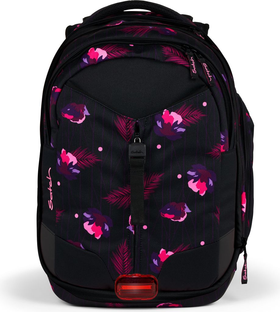 A black backpack with a floral pattern, shown from the front.