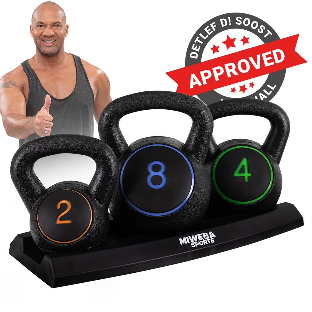 Miweba Sports Kettlebell-Set | 3-er Set - mit Ablage - 2kg, 4kg, 8kg - Ganzkörper-Workout - Schwunghantel - Widerstandsfähig - Kugelgewicht - Hantel
