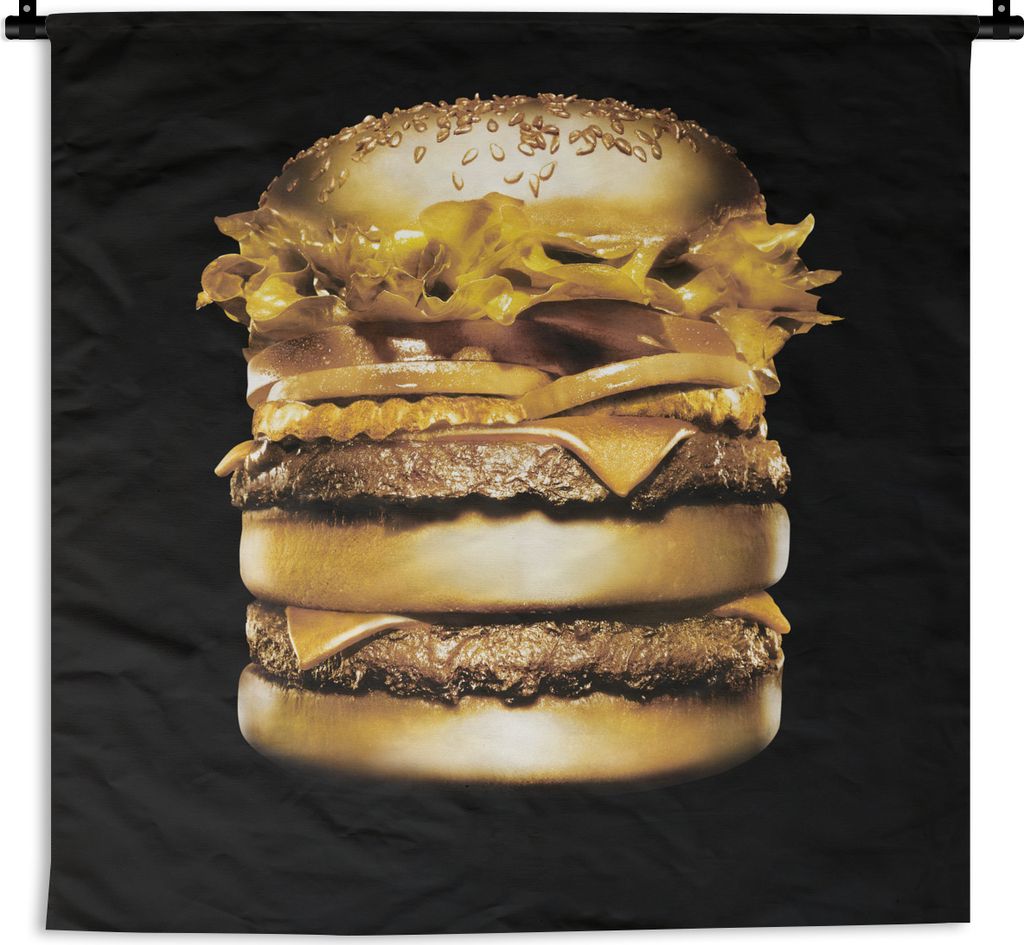 MuchoWow Wandteppich Wandbehang Goldener Hamburger auf schwarzem Hintergrund. 90x90 cm Tapisserie Dekoration Wandtuch - Wandaufhänger