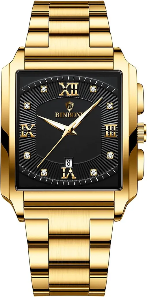 Orologio Uomo Rettangolare In Acciaio Inox, Quadrante Con Numeri Romani, Impermeabile 3 ATM, Calendario, Quarzo - copertina