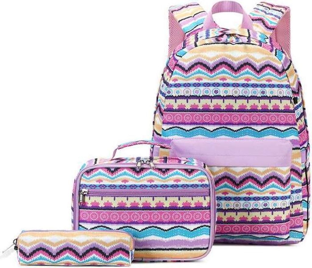 Mode Schulrucksäcke und Lunchtüte und Federtasche Set für Mädchen, 3 Stück Set Bunt Wasserdichte Schultasche für Damen, Farbe: Violett, Style 1