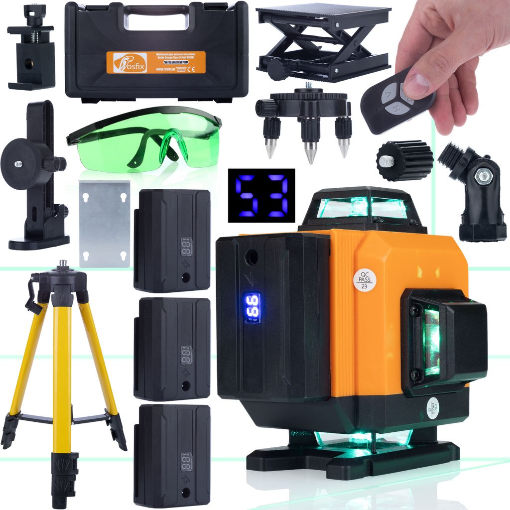Rosfix ROT16L Laser-Wasserwaage – 16 Linien Selbstnivellierung | -5° bis 50°C, IP54, 360° Abdeckung | Stativ, 3500mAh Akku, Adapter, grüne