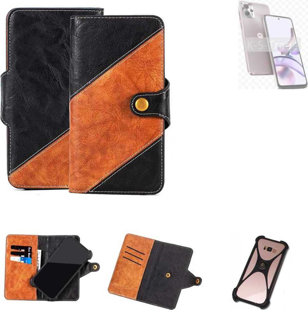 K-S-Trade Handyhülle Schutzhülle Bookstyle Case Wallet-Case kompatibel mit Motorola Moto G13 Handy Cover Bumper Klapphülle schwarz hellbraun 1x