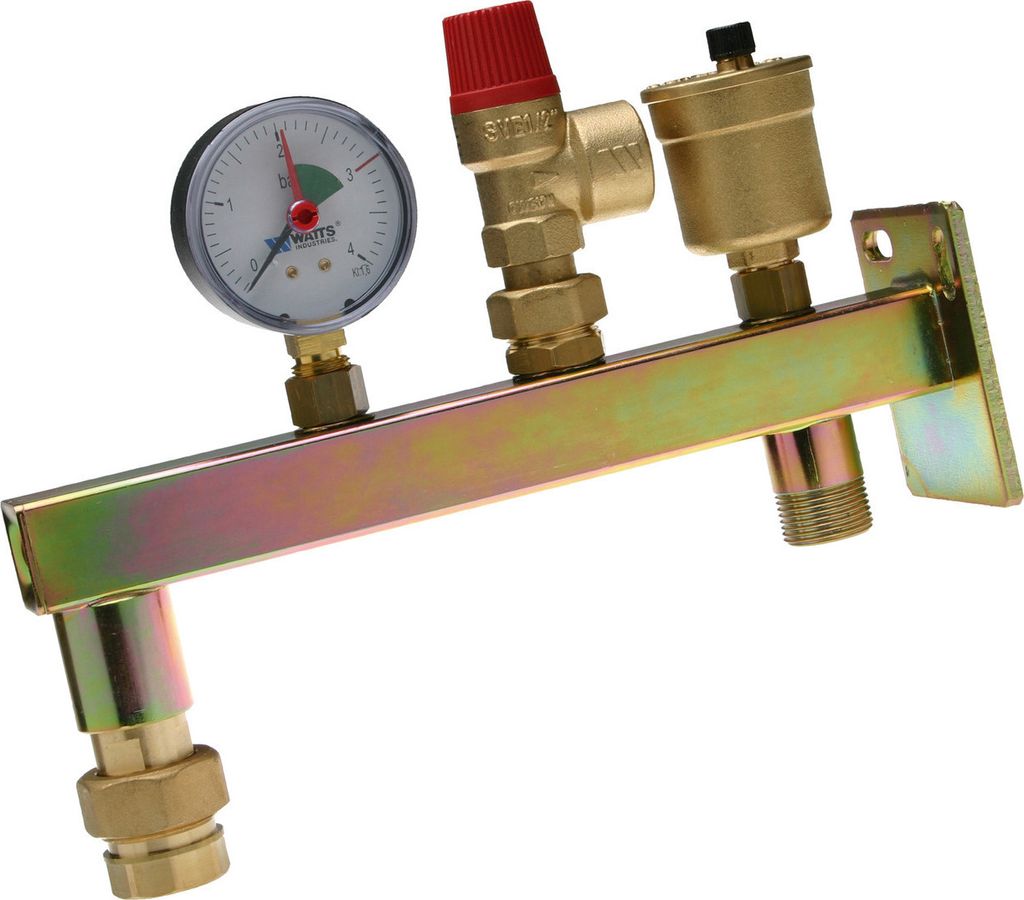 A plumbing component with a pressure gauge, safety valve, and air vent, mounted on a metal bracket.