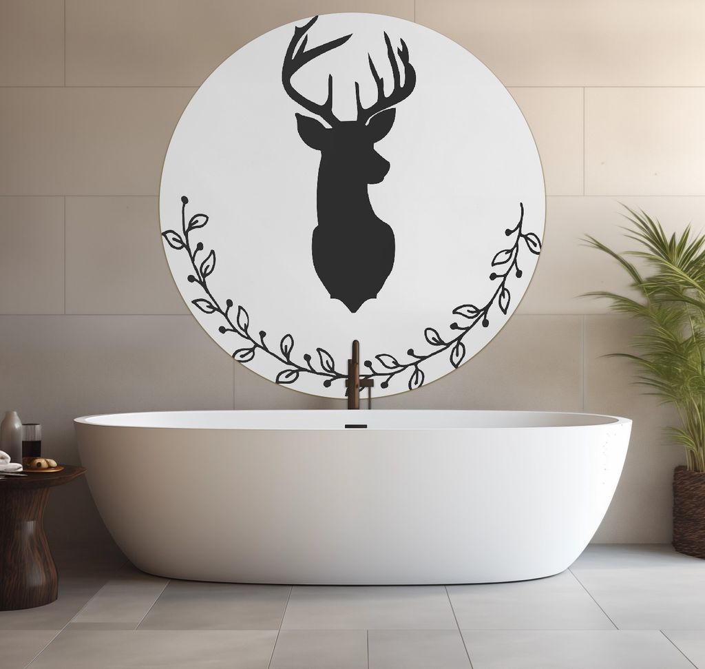 Wallario wasserfestes Poster selbstklebend 120 x 120 cm, Schwarze Hirsch Silhouette mit Zweigen - schwarz weiß, Badezimmerposter Spritzschutz mit ...