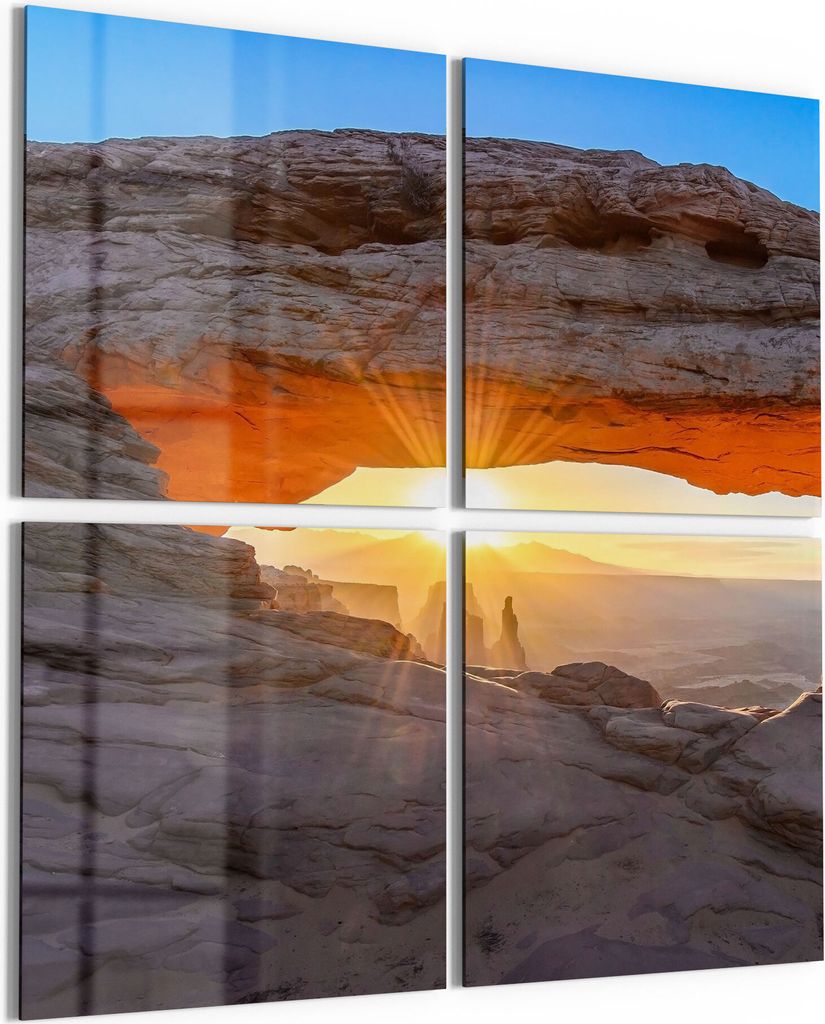 DEQORI Glasbilder Acryl 4x50x50 cm 'Felsbogen im Morgenlicht' Wandbilder XXL groß