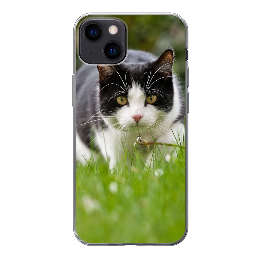 MuchoWow Handyhülle Schutzhülle Hülle für iPhone 13 Katze - Gras - Schwarz - Weiß - Mädchen - Kinder - Jungen - Kinder Silikon Softcase Han...