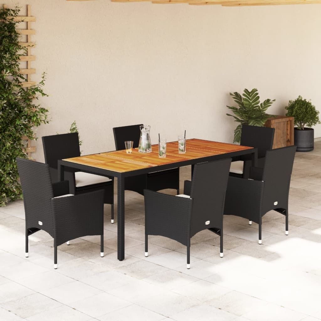 Maison Exclusive - 7-tlg. Garten-Essgruppe mit Kissen Schwarz Poly Rattan Akazie