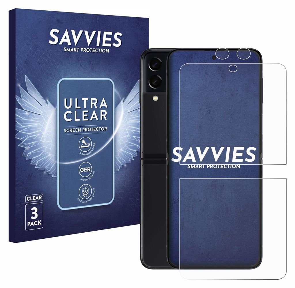 A product box and a smartphone with screen protectors are shown.