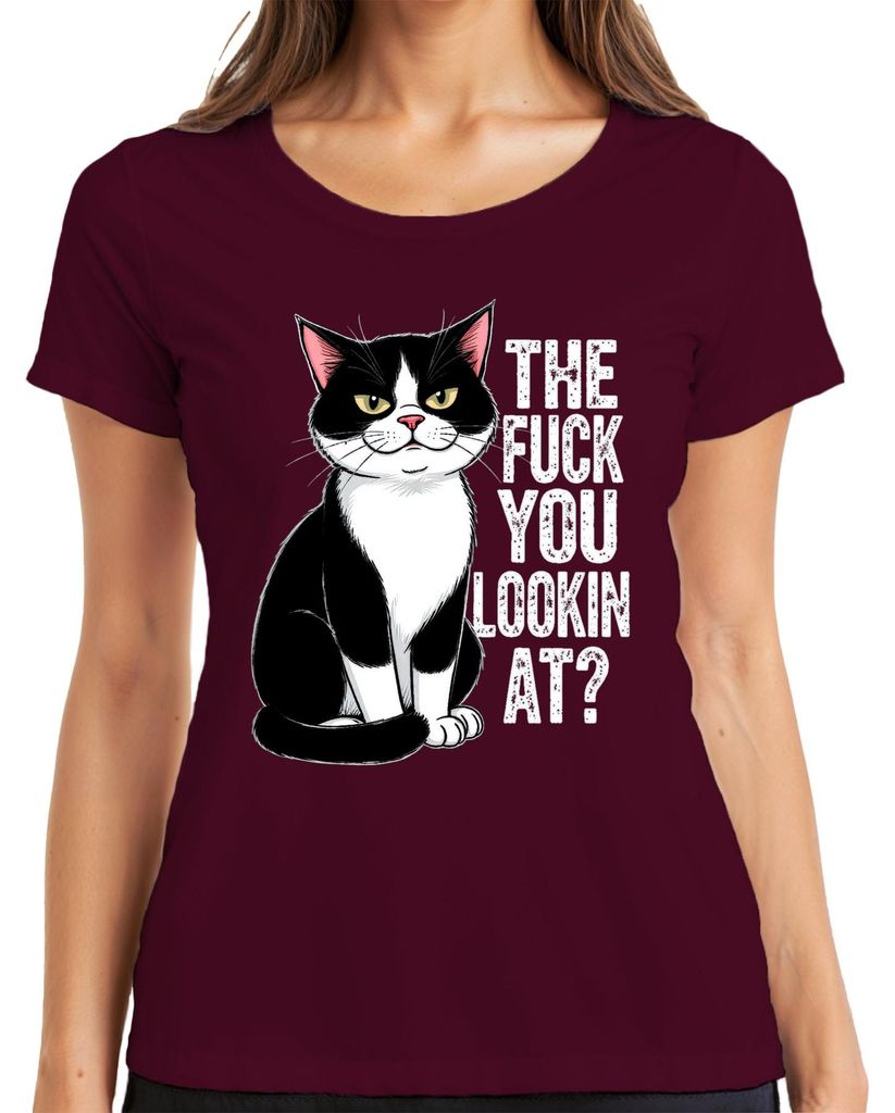 The Fuck You Lookin At Tuxedo Cat Grumpy Sarcastic Geschenk Damen T-Shirt, Burgundy, XXL