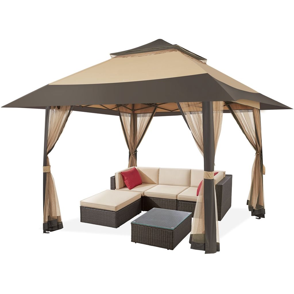 A gazebo with outdoor furniture inside, set against a white background.