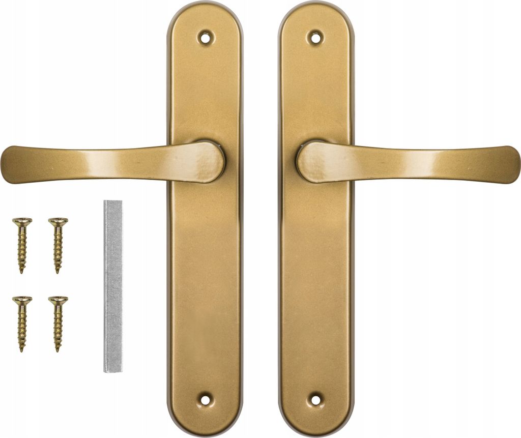 A set of gold-colored door handles with screws and a metal bar.