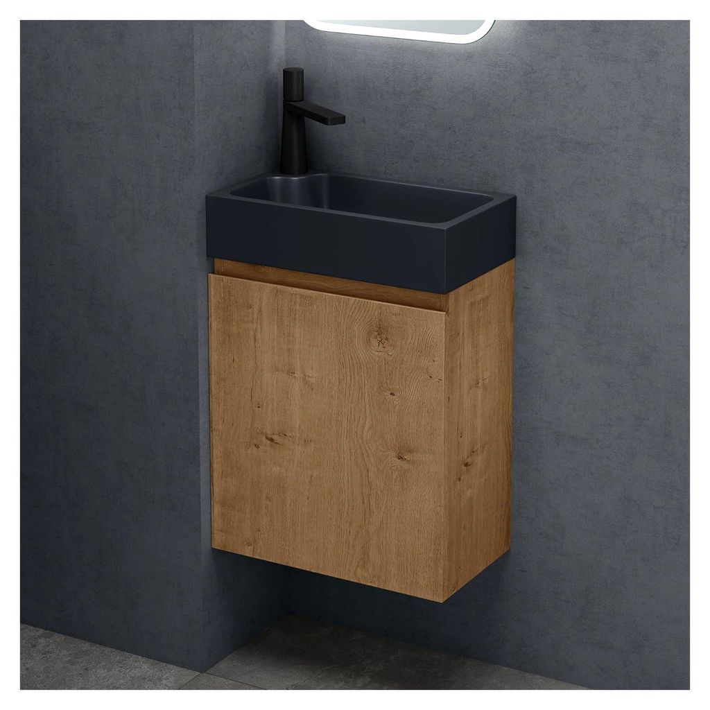 Badezimmerschrank Badmöbel-Set in Kerneiche BxTxH: 46x26x63cm Waschtisch mit Unterschrank und Mineralguss-Waschbecken in matt Anthrazit