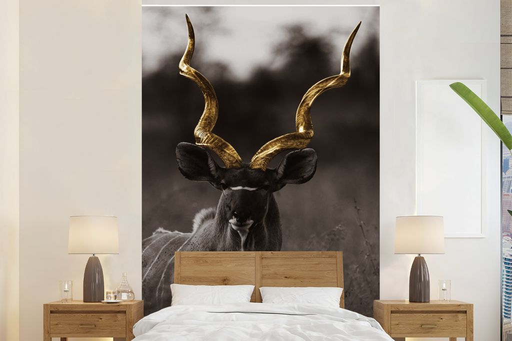 MuchoWow Fototapete für Wohnzimmer oder Schlafzimmer Wandtapete Vinyl Motivtapete Hirsch - Geweih - schwarz - gold - 180x280 cm - Wallpaper