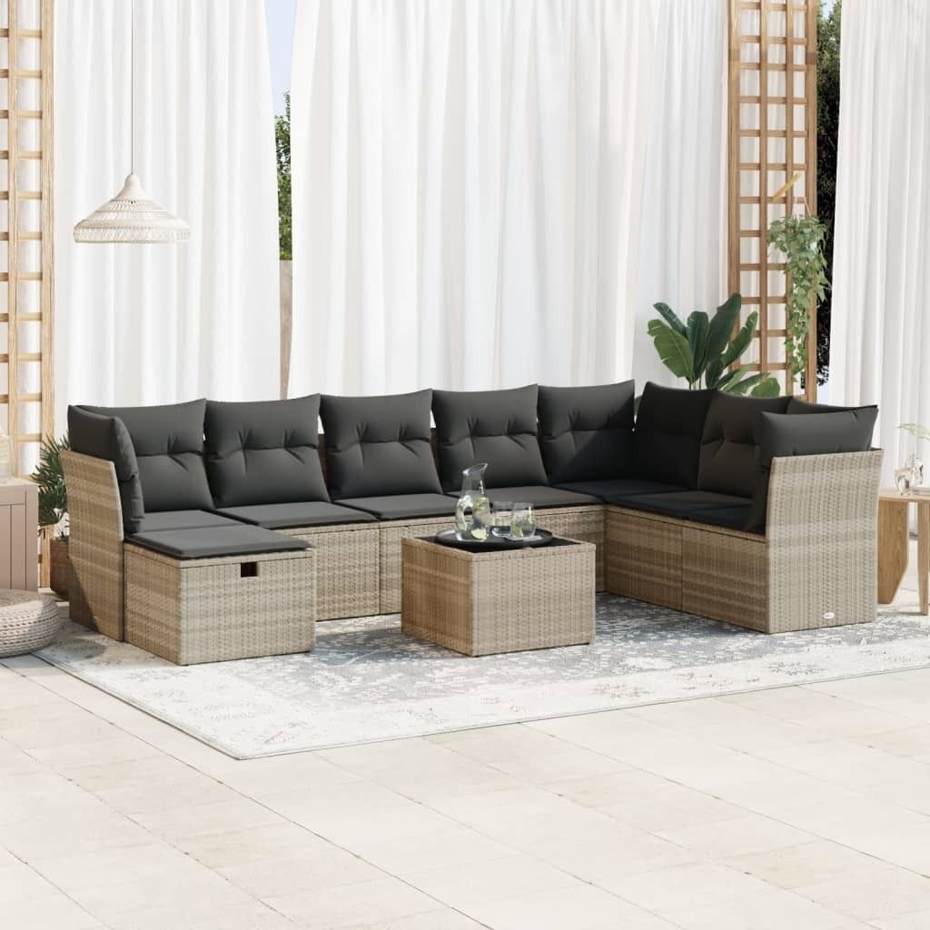 "2026 Promotion" 9-tlg. Garten-Sofagarnitur/Terrassenmöbel - mit Kissen - Hellgrau Poly Rattan - Gartenmöbelset CC17974