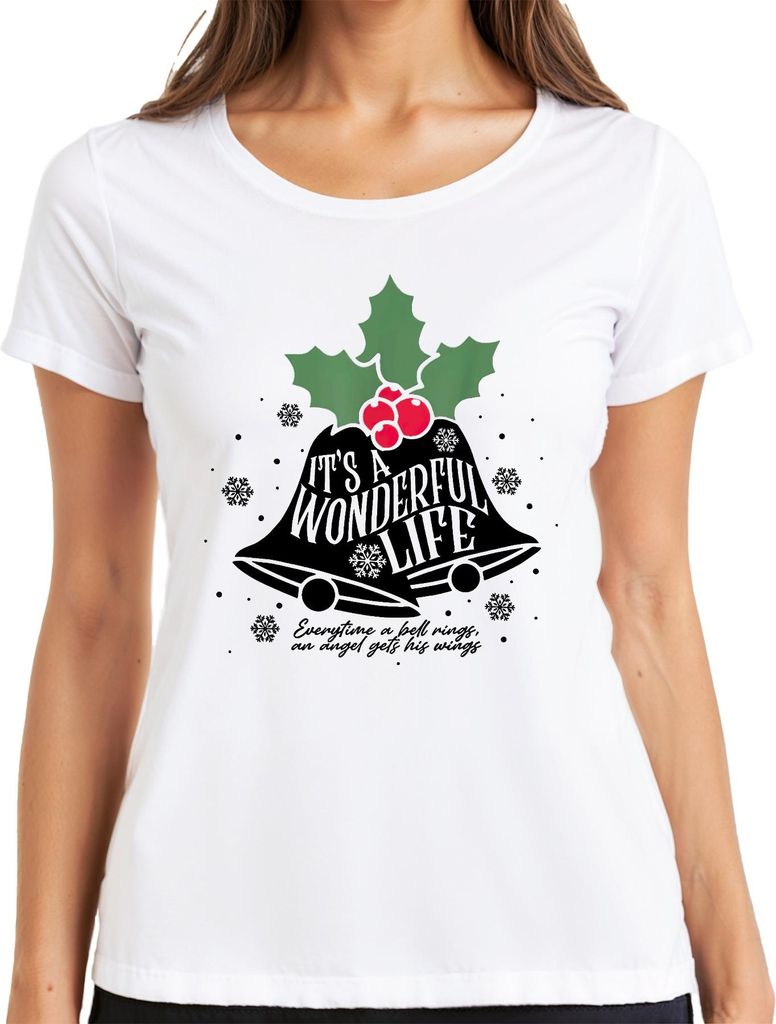 It's a Wonderful Life Christmas bells holly snowflake vintage Damen T-Shirt, Weiß, 3XL