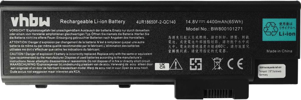 vhbw Akku kompatibel mit Acer Travelmate 4604, 4603, 4601LCi, 4602, 4601NLCi, 4603WLCi, 4602WLMi, 4602LMi Notebook (4400 mAh, 14,8 V, Li-Ion)