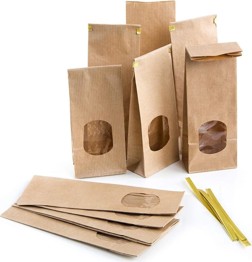 Logbuch-Verlag 10 kleine Blockbodenbeutel braun mit Sichtfenster + Verschluss Papiertüten lebensmittelecht Papierbeutel mit Boden 7 x 4 x 20,5 cm ...