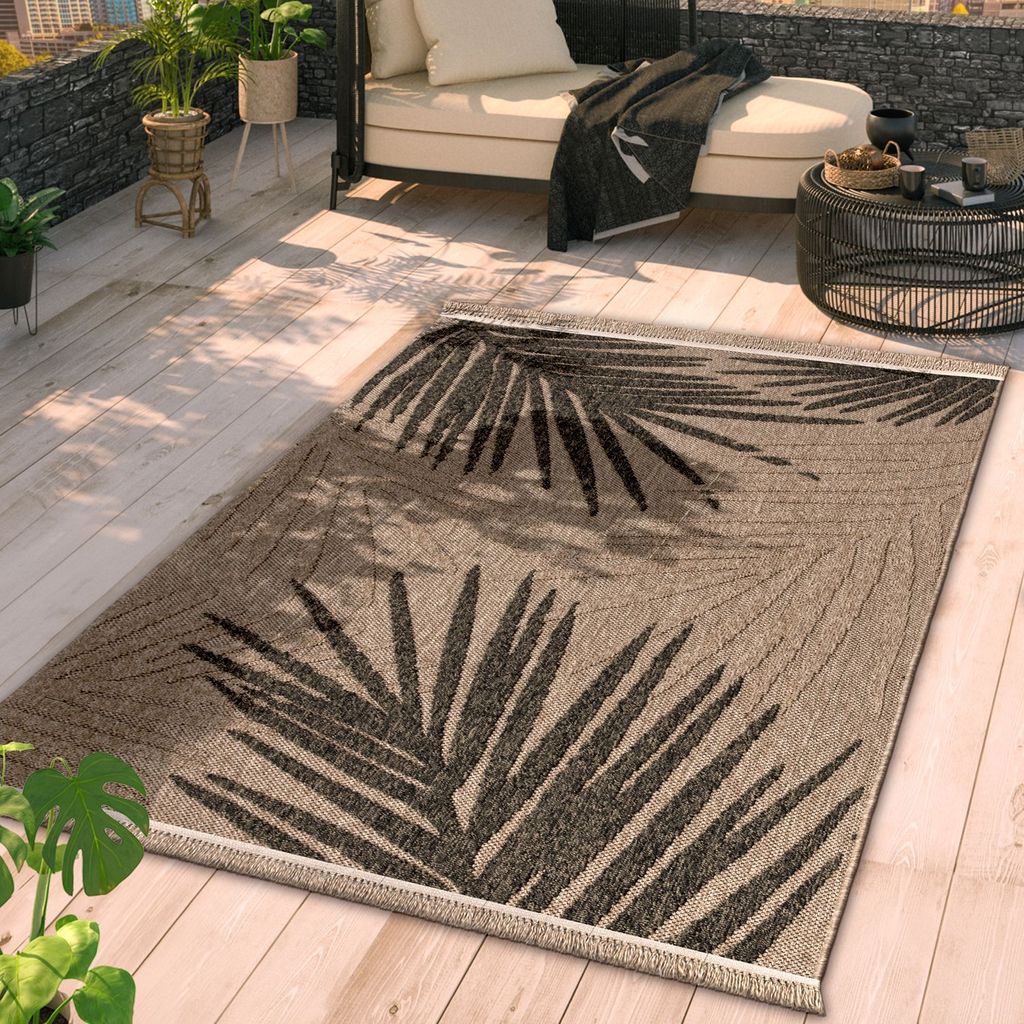 TT Home In-& Outdoor Teppich Wohnzimmer Wetterfest Balkon Boho Blattmotiv 3D Fransen Größe 200x280 cm