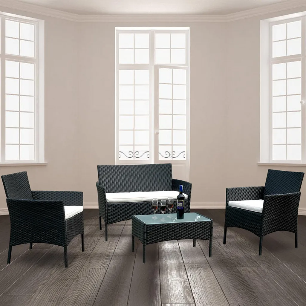 Mobili da Giardino Fiqops Set 4 Pezzi | Divano Rattan Nero Outdoor