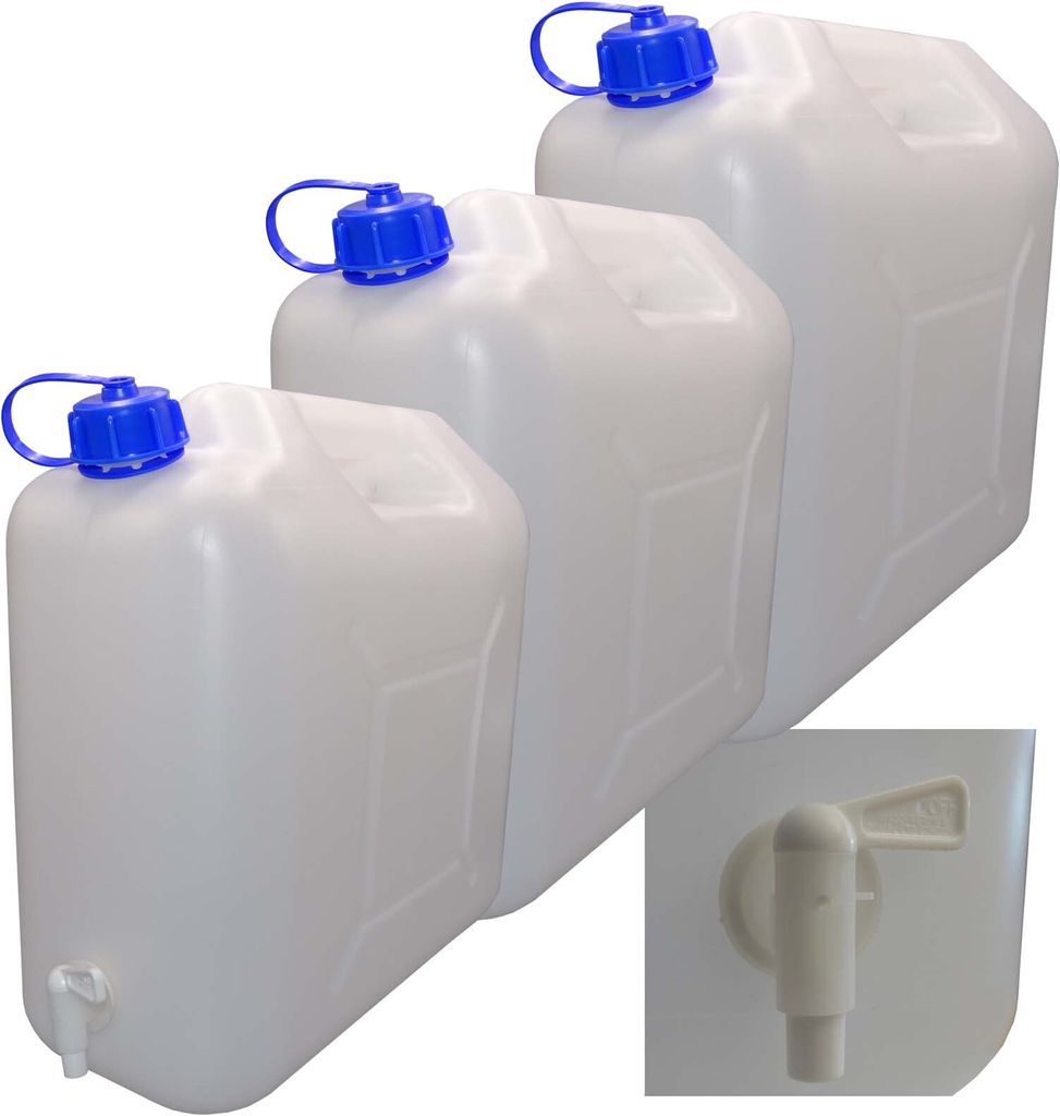 3 x 20 L Kanister mit Deckel, Zapfhahn und Ausgießer, natur Trinkwasser