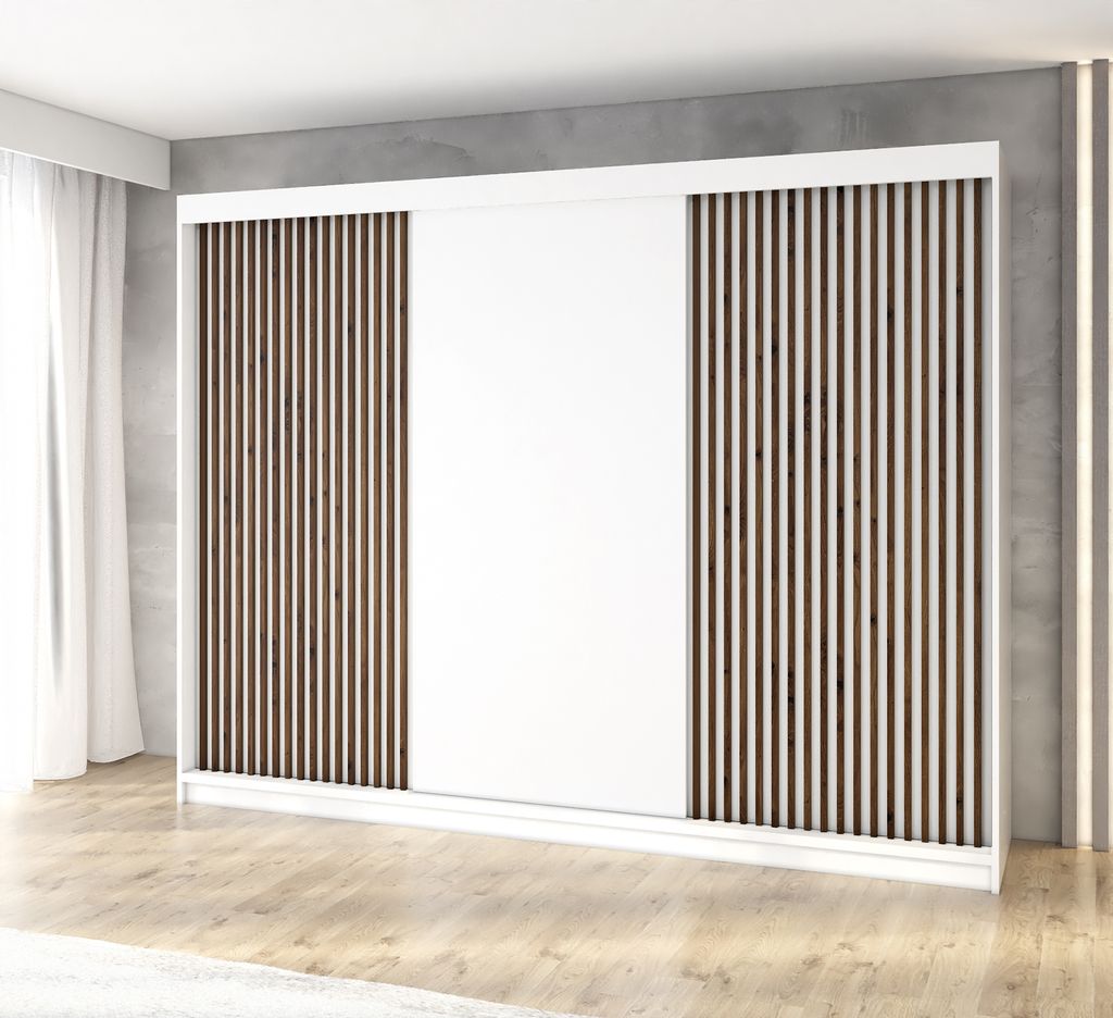 Schwebetürenschrank, 3-türig Schrank mit 4 Schubladen, und 3D-Lamellen. Verschiedene Farben (Weiß, Schwarz, Somona) Kleiderschrank IOSA 200 cm