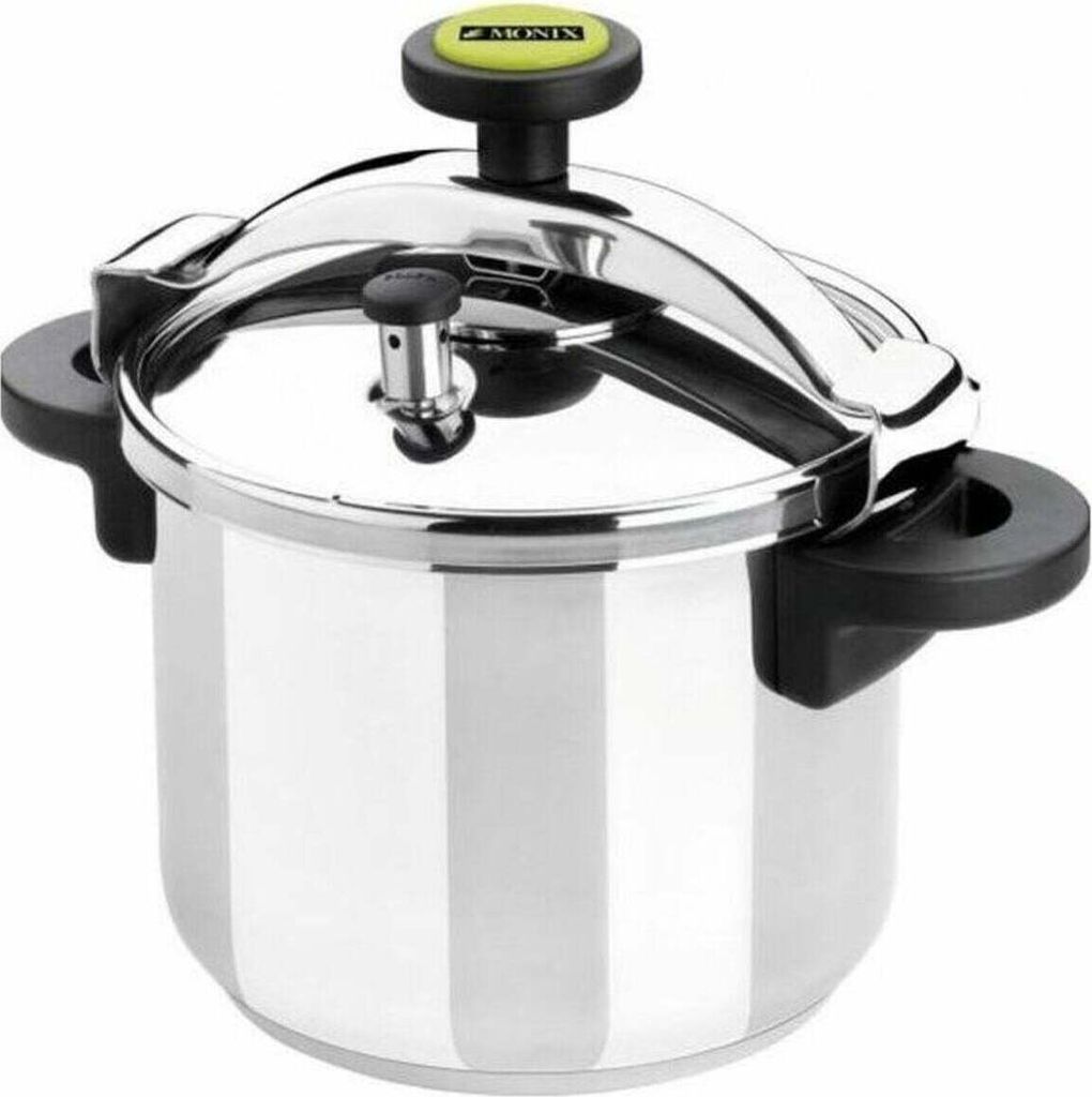 A stainless steel pressure cooker with black handles and a green and black knob on top.