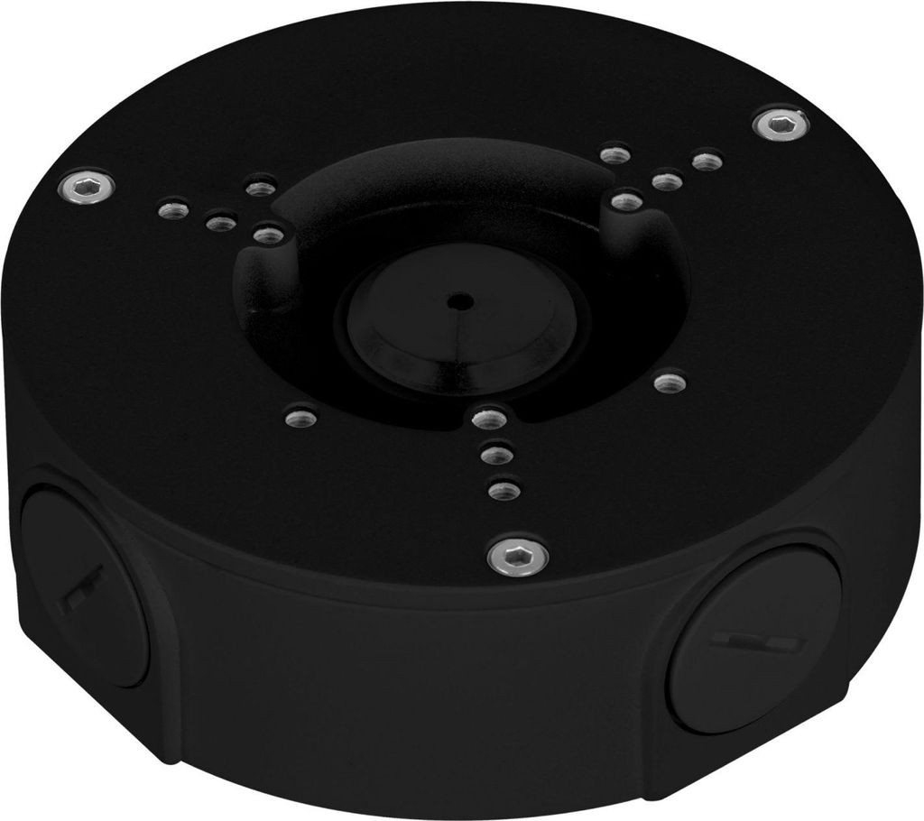 A black junction box for a security camera, shown from a slightly elevated diagonal angle.