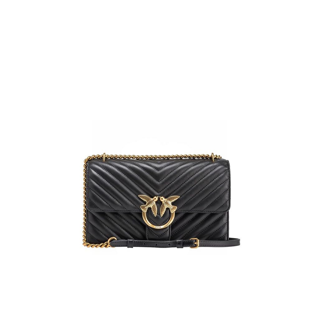 A black leather handbag with a gold chain strap and a gold bird clasp.