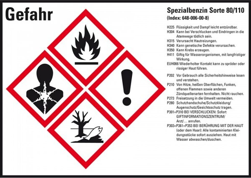 Dreifke Aufkleber I GHS-Etik.Spezialbenzin Sorte 80/110, GefStoffV/GHS/CLP, ...