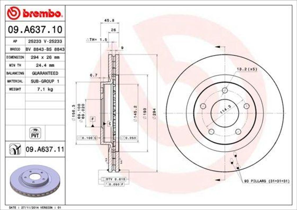 BREMBO 09.A637.11 Bremsscheibe OE 2AMV5514AA kompatibel mit Flavia, Patriot, Compass, Sebring, Chry. 200