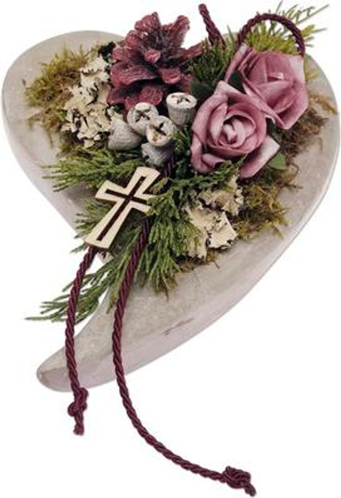 Grabschmuck Herz Grabschale mit Foamrosen brombeer CreaFlor Home