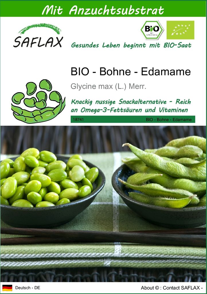 SAFLAX - BIO - Bohne - Edamame - 8 Samen - Mit keimfreiem Anzuchtsubstrat - Glycine
