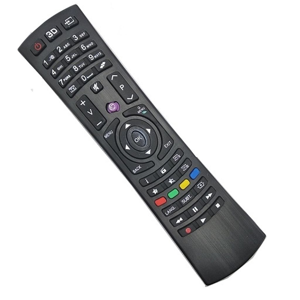 A black remote control is shown against a white background.