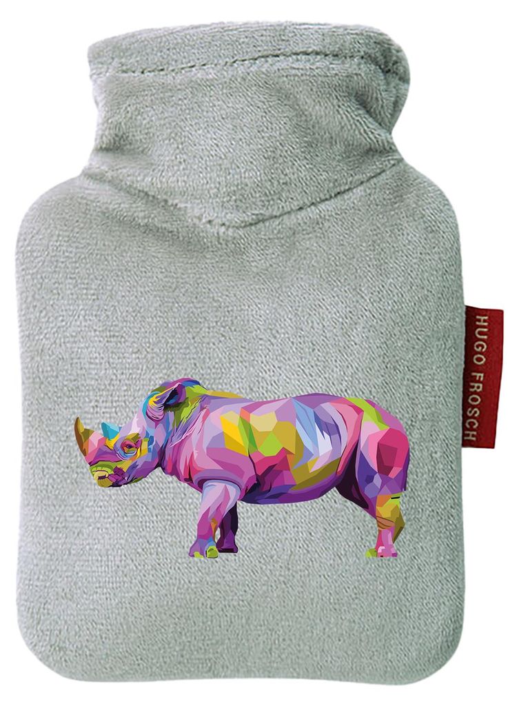 Huuraa Mini-Wärmflasche Nashorn Colorful 0,2 Liter Grey Mini Veloursbezug Taschenwärmer Geschenkidee