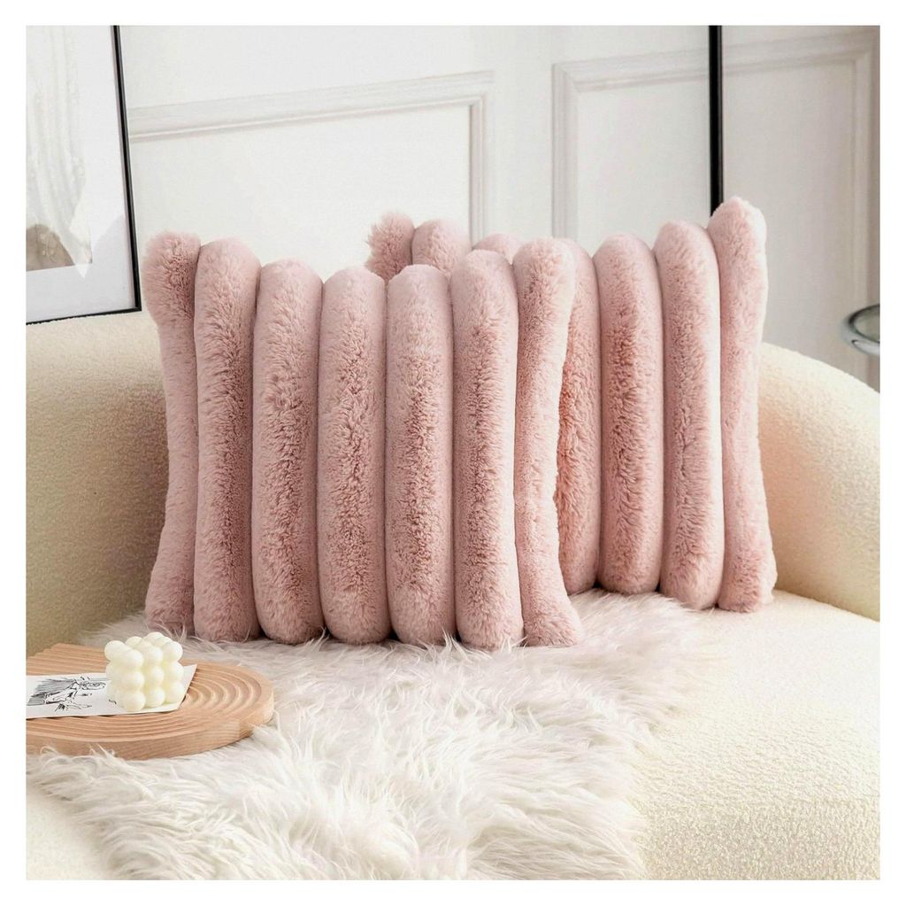 2er Set Plüsch Kissenhüllen Kunstpelz Gemütlich Weich Gestreift Dekorativ Kissenbezüge Sofakissen Pink 45x45 cm für Sofa Schlafzimmer