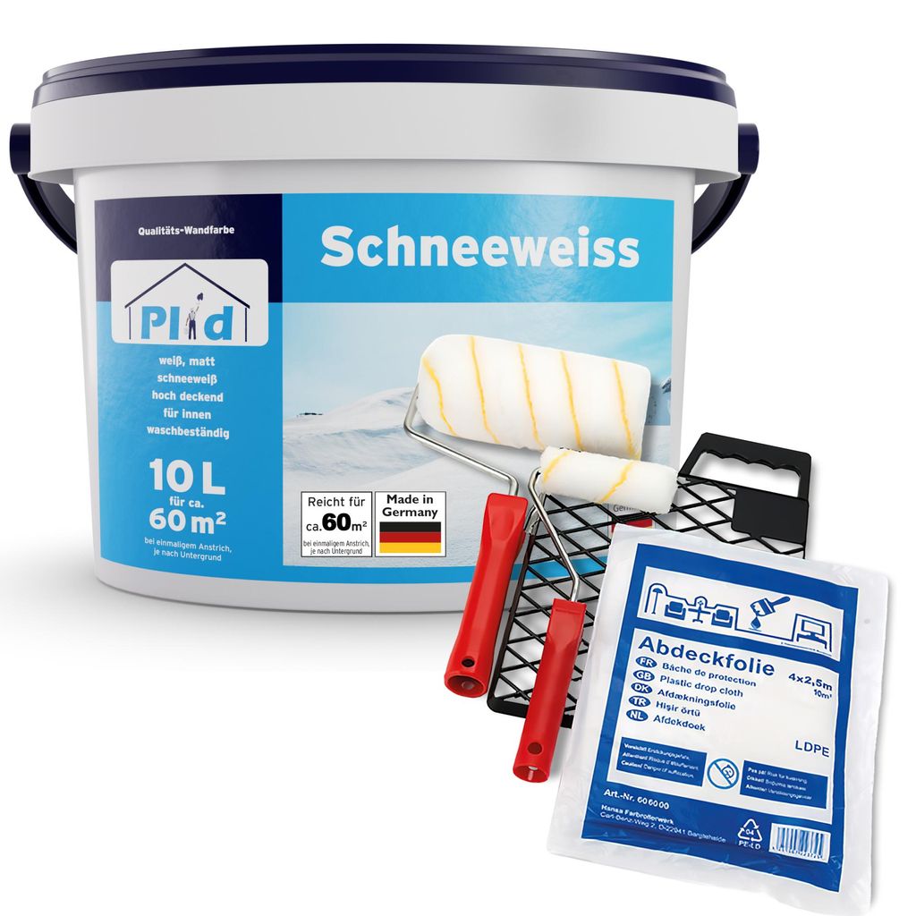 Plid Wandfarbe Schneeweiß 10L + Streichset 6-tlg. – für ca. Produktbild 