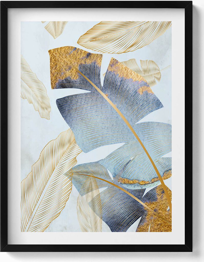 Glamour-Bananenblätter mit Gold– Wandbild mit Rahmen – Gerahmtes Bild – Wanddekoration – 60x80 cm – Schwarz Rahmen