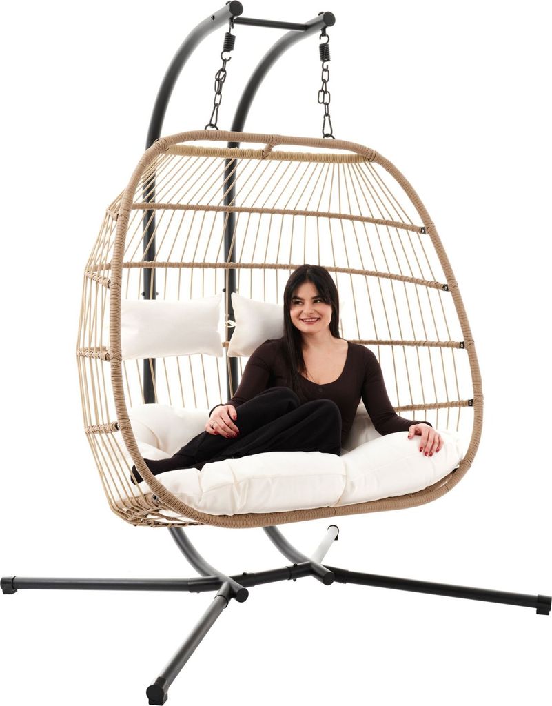 di volio Hängesessel mit Gestell RONA beige, Hängestuhl für 2 Personen, Hängeschaukel für Indoor & Outdoor, bis 200 kg belastbar, inkl. Kissen...