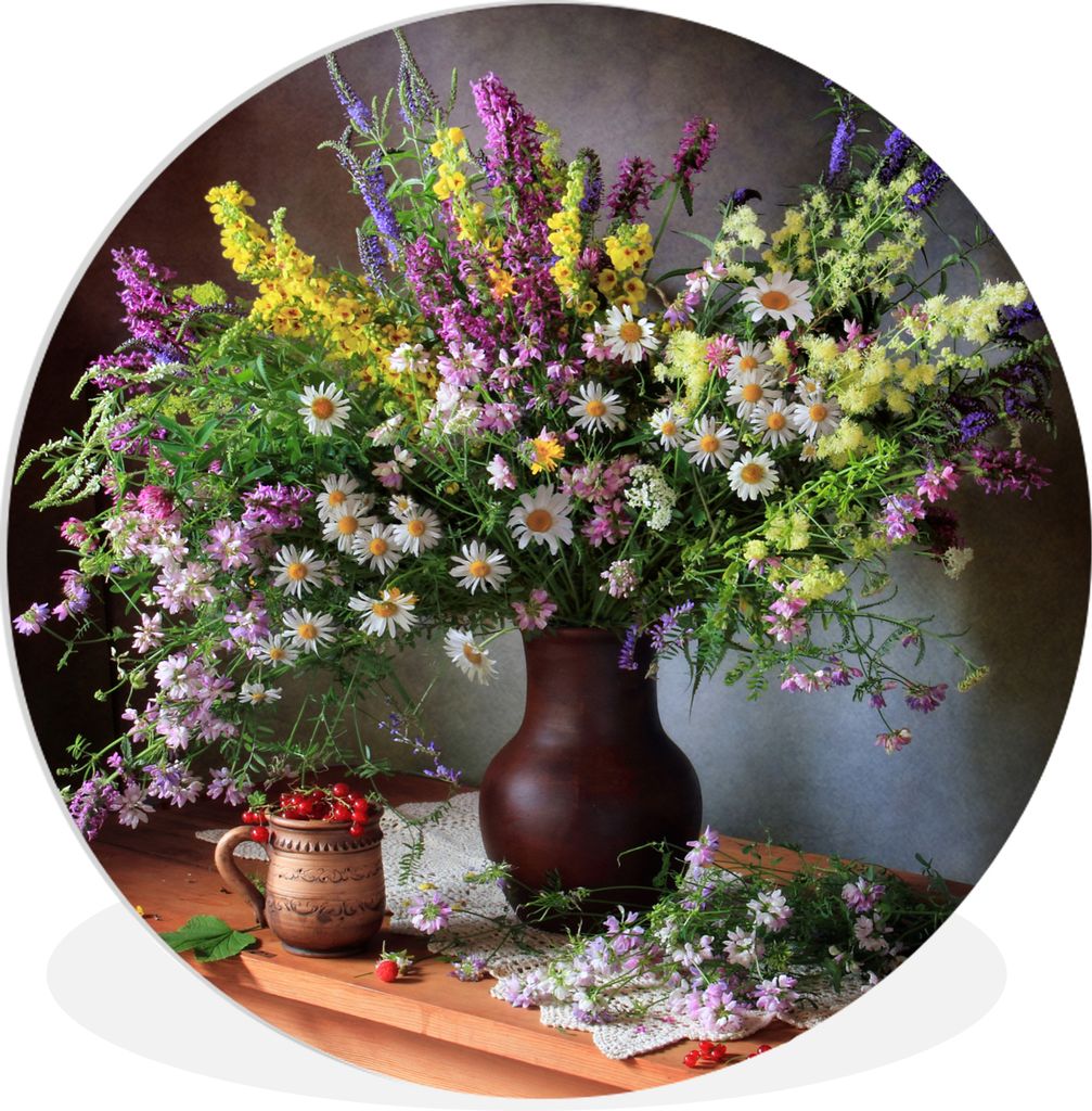 MuchoWow Rundes Wandbild - Runde Bilder Blumen - Tisch - Stilleben - Blumenstrauß - Vase Ø 60 cm Kreis Wanddekoration Kunststoff - Wandkreis - ...