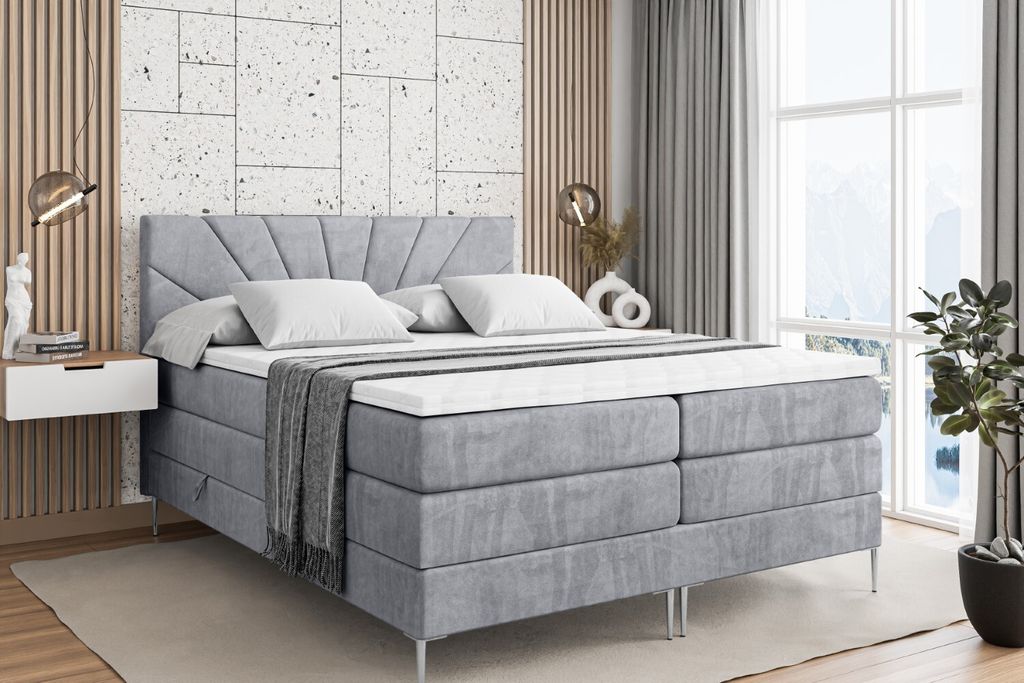 ALTDECOR Boxspringbett mit Silber Füßen, Matratze und Lattenrost, Topper, Polsterbett mit Bettkasten, Bett mit Stauraum H3- und H4- Matratze, Dop...