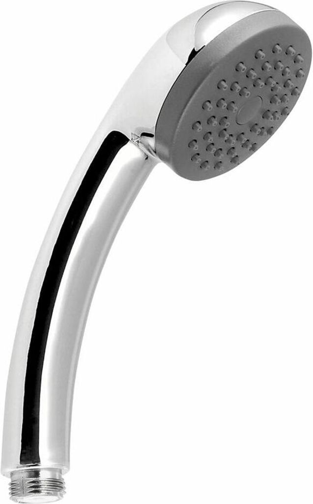 A chrome hand shower head with a gray spray plate, isolated on a white background.