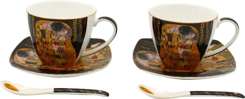Set 2 Tazze Klimt Kiss Dark 250ml con Piattini e Cucchiai | Home Elements