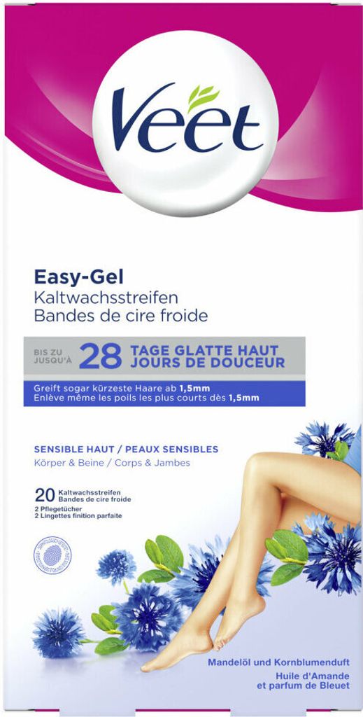 Tiras de cera fría Veet para piernas, piel sensible, 20 Imagen del producto 