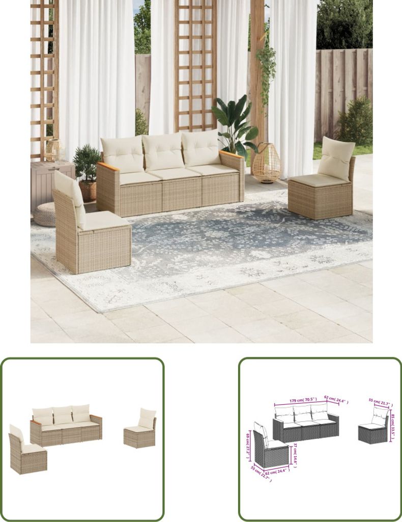 The Living Store 5-tlg. Garten-Sofagarnitur mit Kissen Beige Poly Rattan