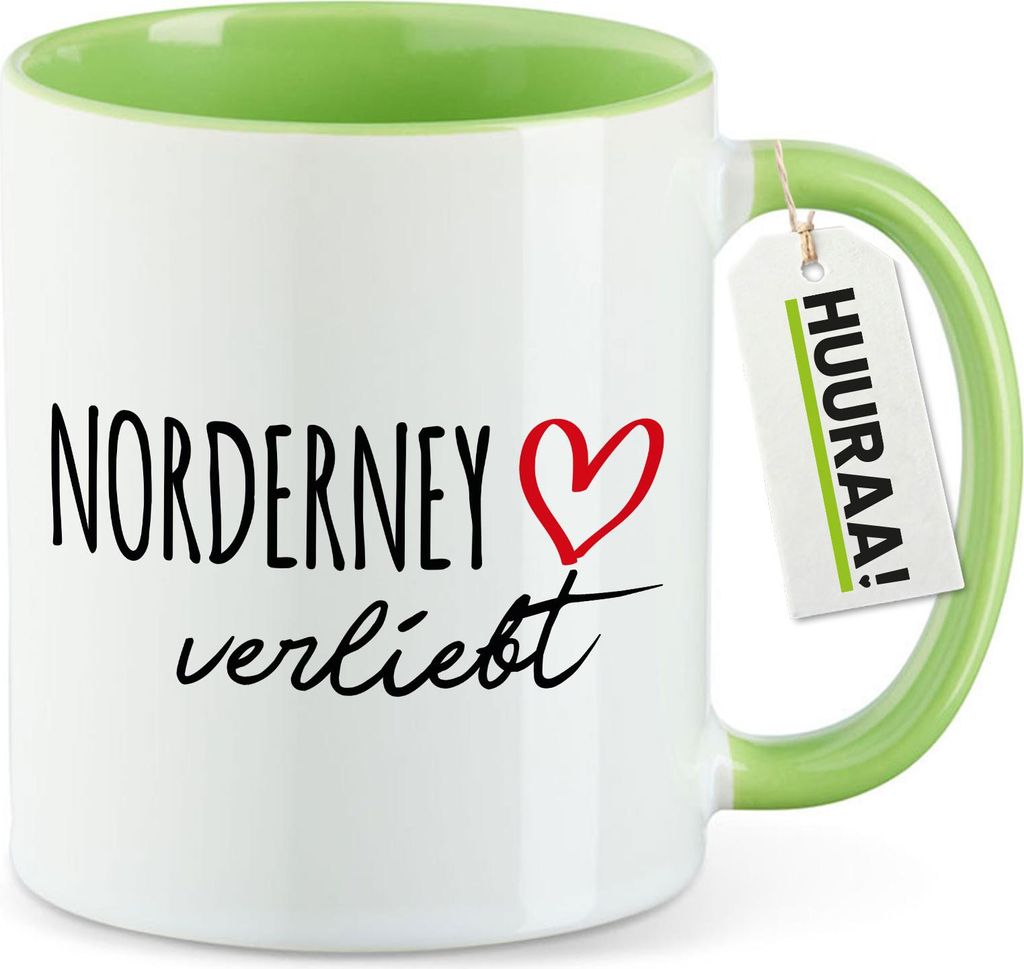 Huuraa Kaffeetasse Norderney verliebt 330ml Grün Keramik Kaffeebecher Geschenkidee