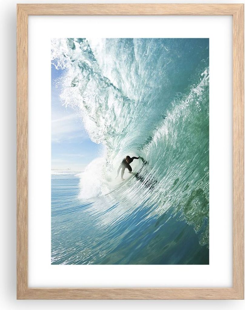 Gerahmtes Poster - Rahmen in heller Eiche - Abenteuer surfer welle ozean - 30x40 cm - Wand Bild - Wanddeko - Wandbilder - Wandposter - Bilderrahmen...