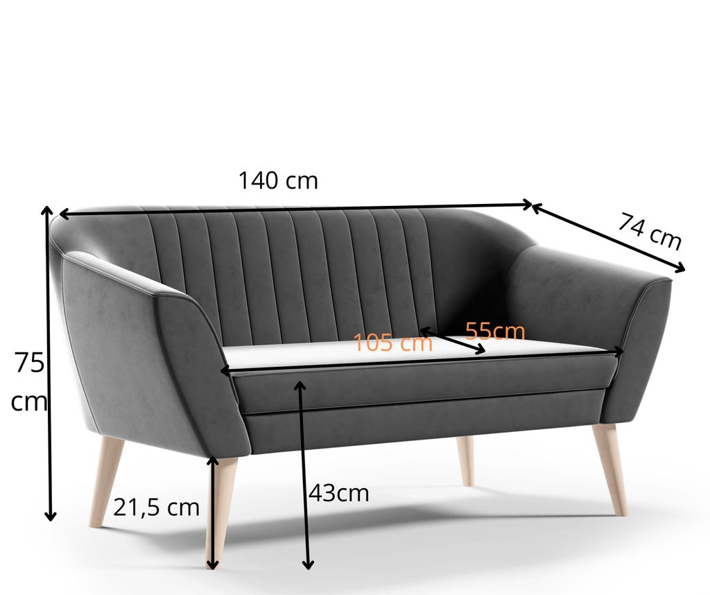 GUTTO Sofa 2 Seater -- SUZI -- Šedá Lavice Sametové dřevěné Obrázek produktu 