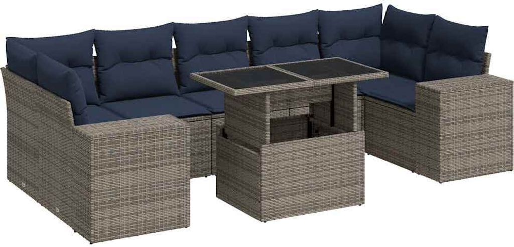 "SALE 2026" 8-tlg. Garten-Sofagarnitur/Garten-Essgruppe - Lounge-Set - Balkonmöbel Set - mit Kissen Grau Poly Rattan Akazie - Gartenmöbelset DE35...