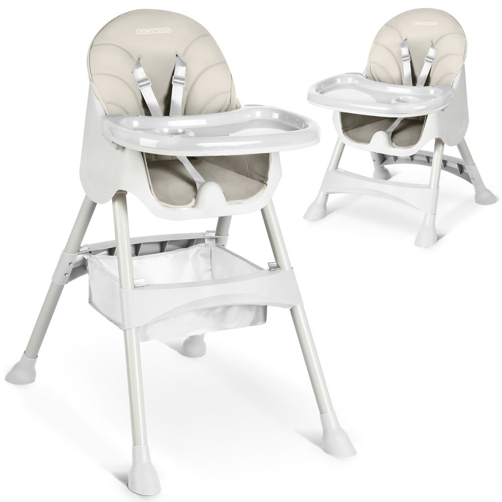 Two high chairs are shown against a white background. One is in the foreground and the other in the background.